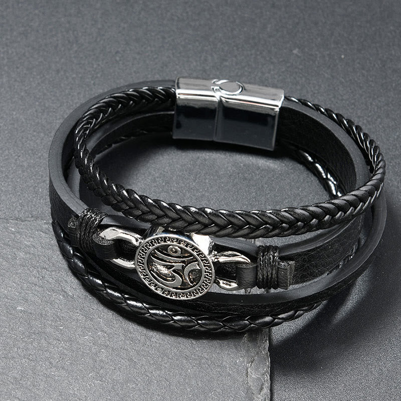 Pulsera de cuero trenzado retro multicapa con grabado redondo y Buddha Stones Om - Piel negra (circunferencia de la muñeca: 18-19 cm) - image 1