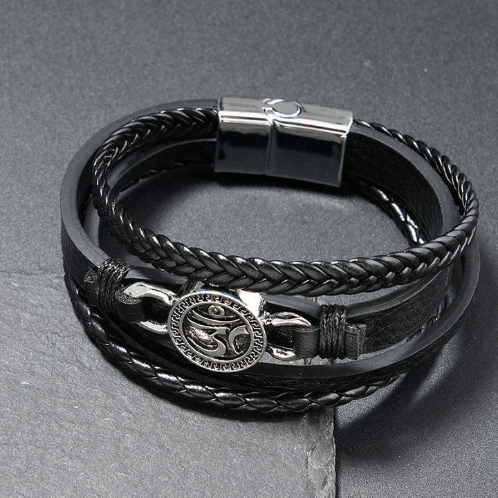 Pulsera de cuero trenzado retro multicapa con grabado redondo y Buddha Stones Om - Piel negra (circunferencia de la muñeca: 18-19 cm) - image 1
