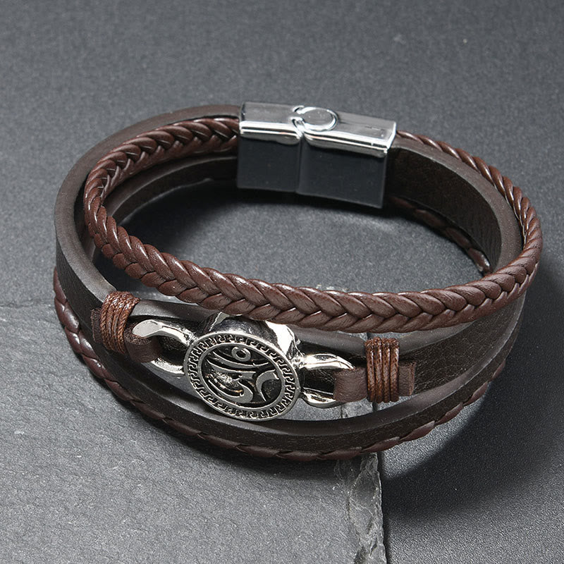 Pulsera de cuero trenzado retro multicapa con grabado redondo y Buddha Stones Om - Piel color café (circunferencia de la muñeca: 18-19 cm) - image 3