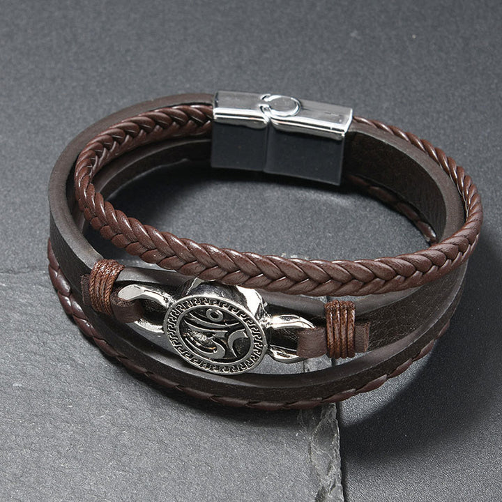 Pulsera de cuero trenzado retro multicapa con grabado redondo y Buddha Stones Om - Piel color café (circunferencia de la muñeca: 18-19 cm) - image 3