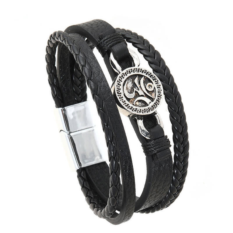 Pulsera de cuero trenzado retro multicapa con grabado redondo y Buddha Stones Om - image 2