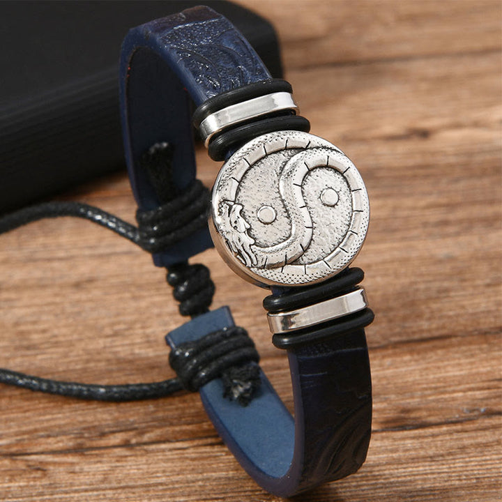 Buddha Stones Pulsera redonda de cuero con grabado del dragón YIN YANG - image 1