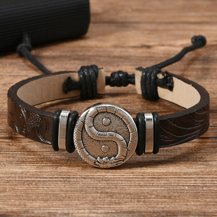 Buddha Stones Pulsera redonda de cuero con grabado del dragón YIN YANG - Cuero marrón silla de montar (circunferencia de la muñeca: 15-20 cm) - image 2
