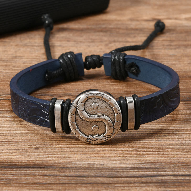 Buddha Stones Pulsera redonda de cuero con grabado del dragón YIN YANG - Piel SteelBlue (circunferencia de la muñeca: 15-20 cm) - image 0
