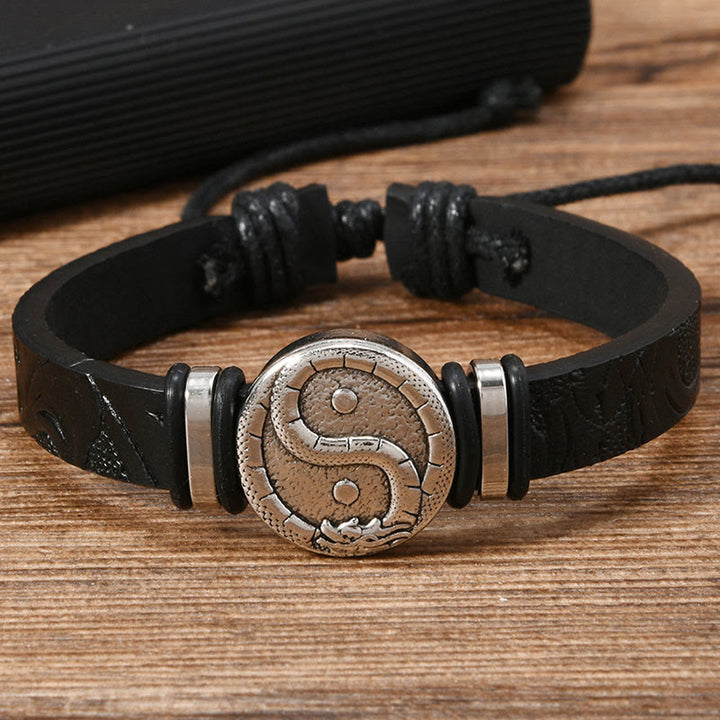 Buddha Stones Pulsera redonda de cuero con grabado del dragón YIN YANG - Piel negra (circunferencia de la muñeca: 15-20 cm) - image 6