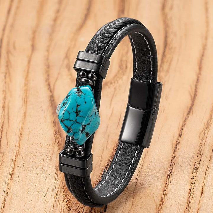 Buddha Stones Pulsera llamativa de cuero trenzado sintético turquesa - Cuero azul - 21 cm - image 1
