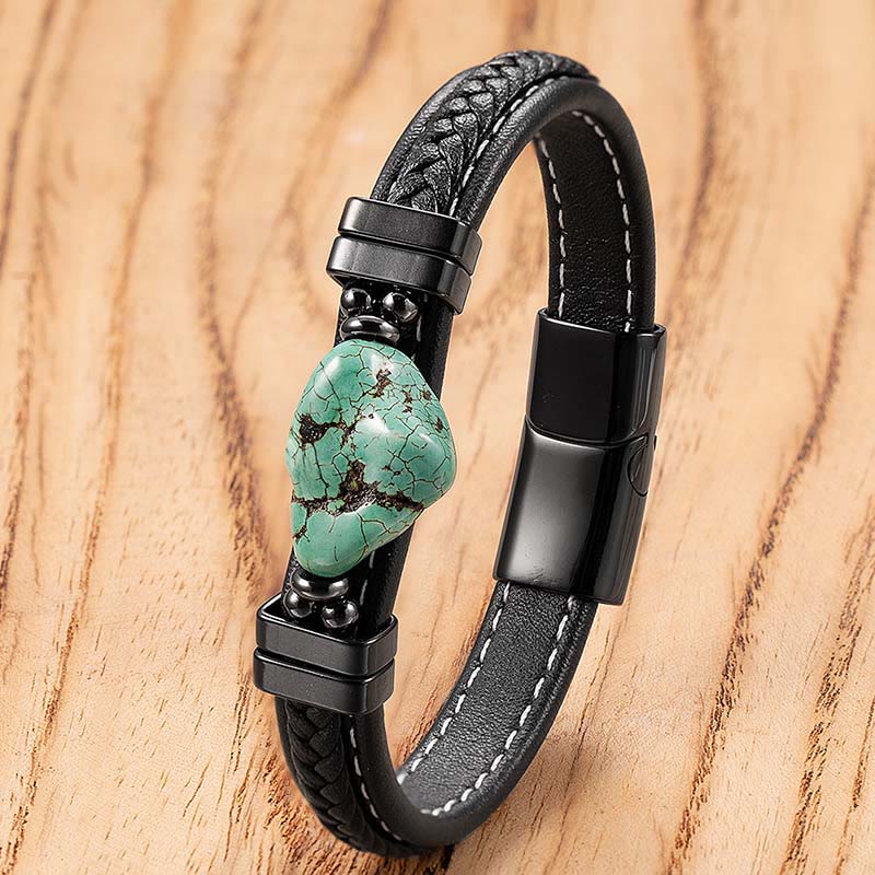 Buddha Stones Pulsera llamativa de cuero trenzado sintético turquesa - Cuero verde claro - 21 cm - image 0