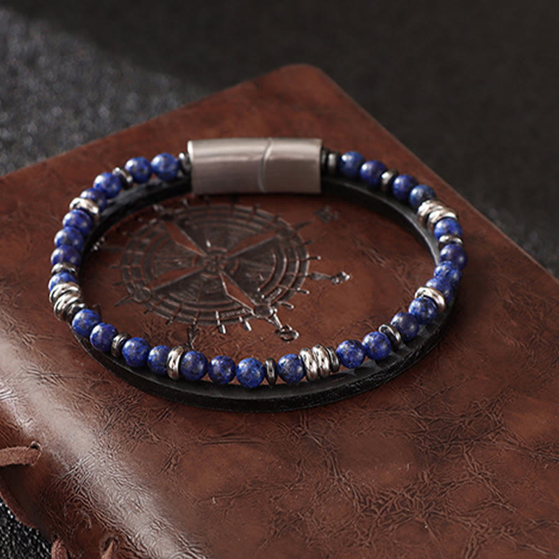 Buddha Stones Pulsera de cuero con cuentas de lapislázuli y ojo de tigre. - image 0