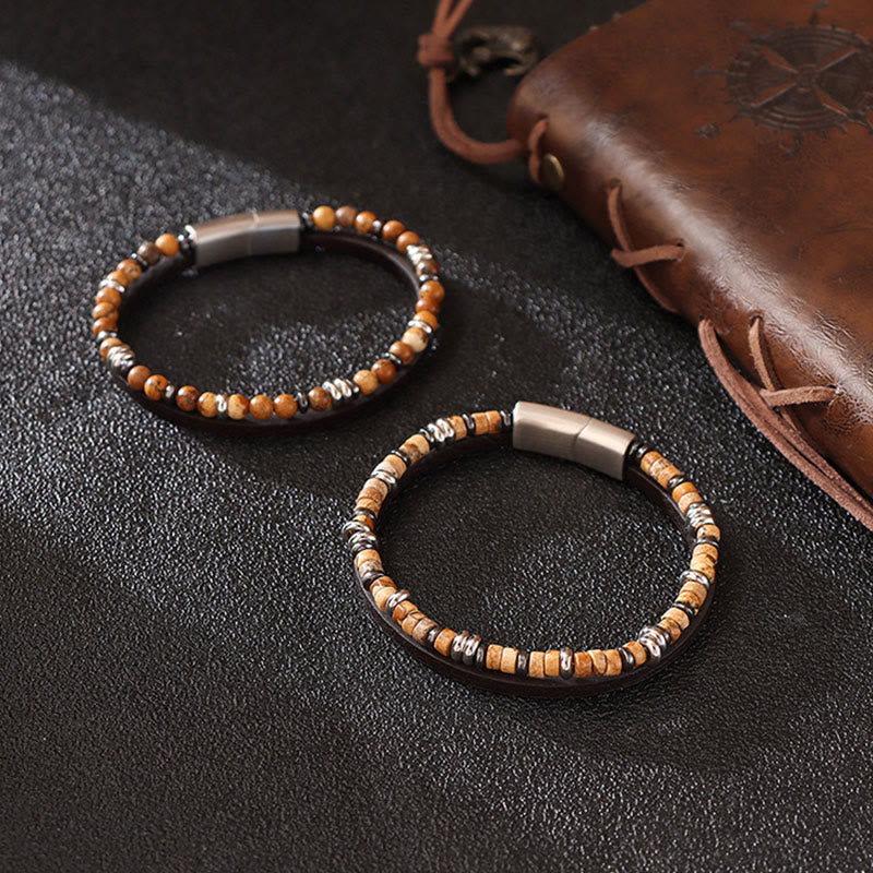 Buddha Stones Pulsera de cuero con cuentas de lapislázuli y ojo de tigre. - image 11