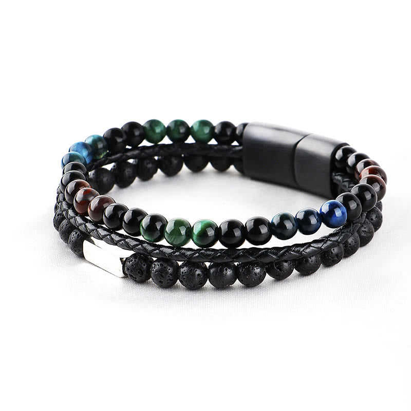 Buddha Stones Pulsera de cuero trenzado resistente con cuentas de roca volcánica ojo de tigre - image 2