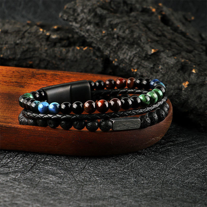Buddha Stones Pulsera de cuero trenzado resistente con cuentas de roca volcánica ojo de tigre - image 1