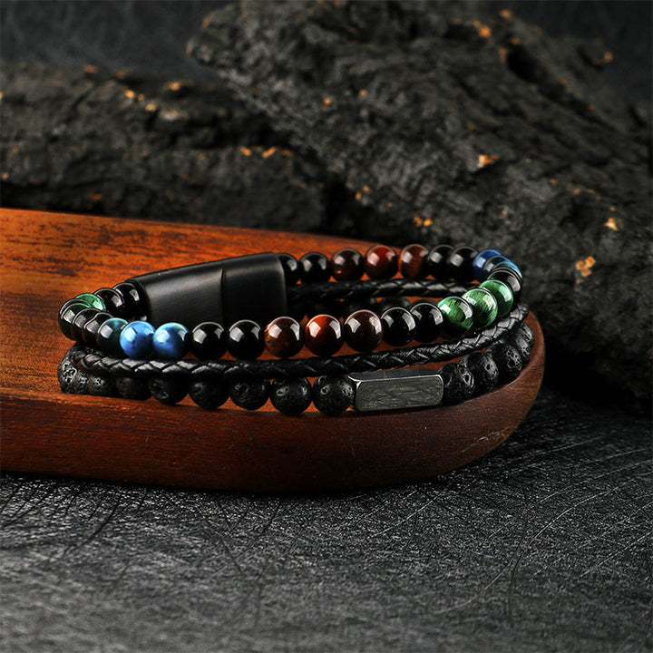 Buddha Stones Pulsera de cuero trenzado resistente con cuentas de roca volcánica ojo de tigre - image 1