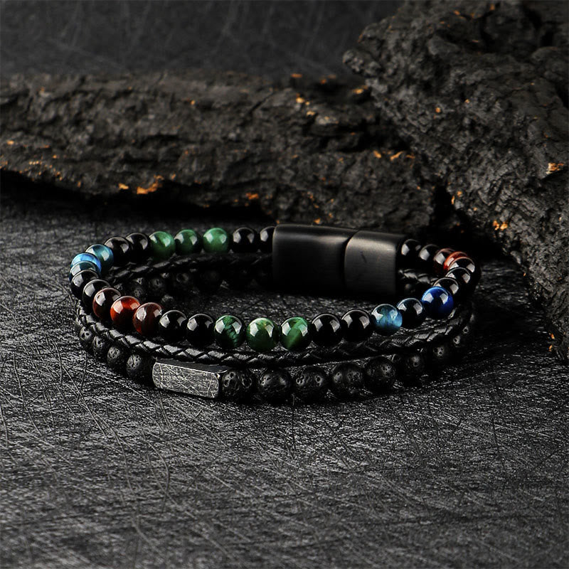 Buddha Stones Pulsera de cuero trenzado resistente con cuentas de roca volcánica ojo de tigre - Piedra volcánica ojo de tigre (circunferencia de la muñeca: 18-19 cm) - image 0