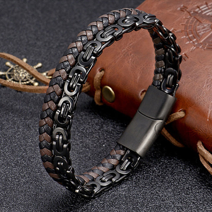 Buddha Stones Pulsera de equilibrio de cuero trenzado de doble vuelta con cadena de eslabones - Acero de titanio negro (circunferencia de la muñeca: 18-19 cm) - image 0