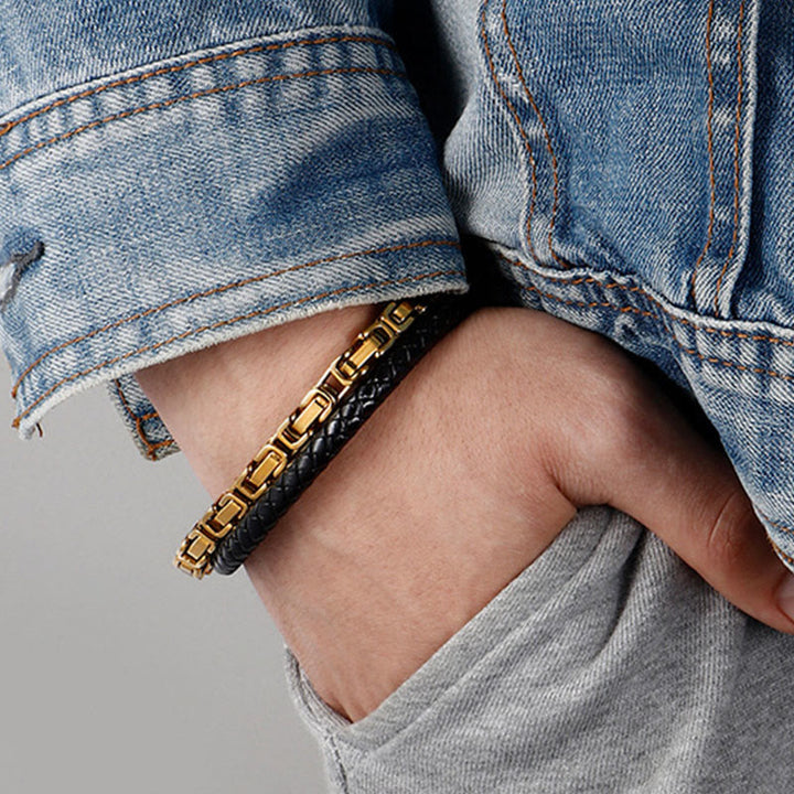 Buddha Stones Pulsera de equilibrio de cuero trenzado de doble vuelta con cadena de eslabones - image 10