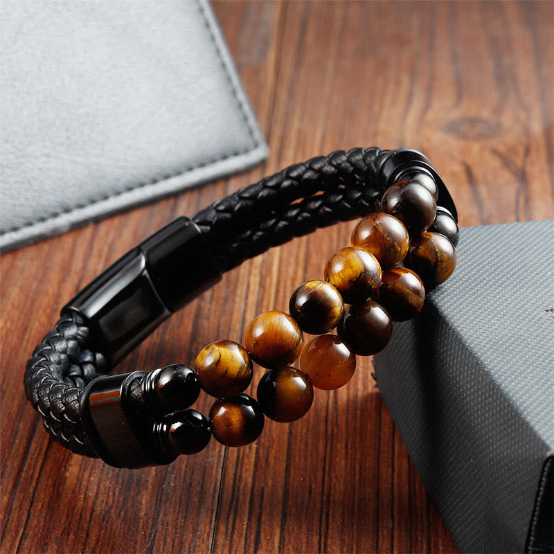 Buddha Stones Pulsera protectora de cuero trenzado de doble vuelta con ojo de tigre - image 1
