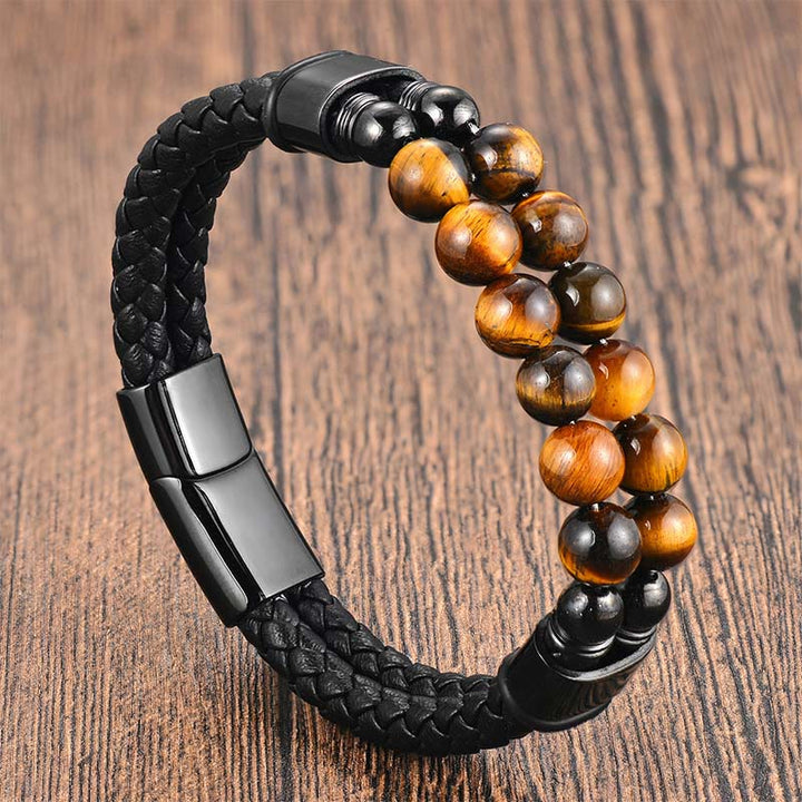 Buddha Stones Pulsera protectora de cuero trenzado de doble vuelta con ojo de tigre - Piel de ojo de tigre (circunferencia de la muñeca: 18-19 cm) - image 0