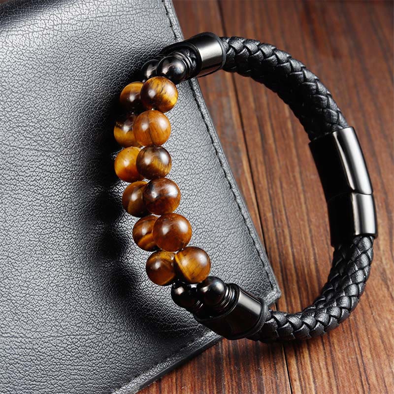 Buddha Stones Pulsera protectora de cuero trenzado de doble vuelta con ojo de tigre - image 2