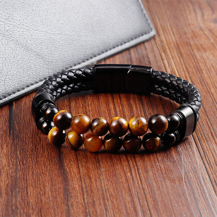 Buddha Stones Pulsera protectora de cuero trenzado de doble vuelta con ojo de tigre - image 3