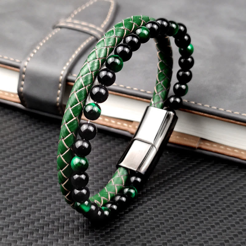Buddha Stones Pulsera de cuero trenzado de doble vuelta con ojo de tigre verde - Piel de ojo de tigre verde (circunferencia de la muñeca: 19 cm) - image 0