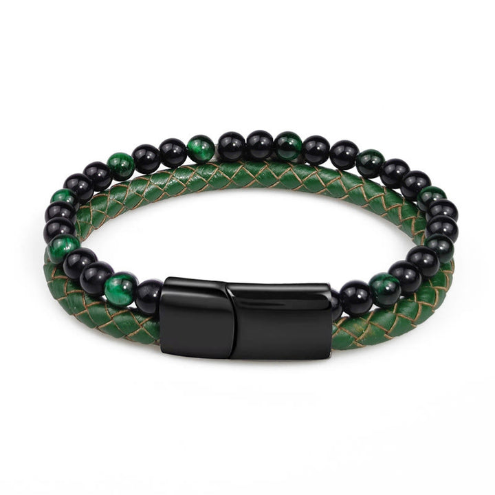 Buddha Stones Pulsera de cuero trenzado de doble vuelta con ojo de tigre verde - image 4