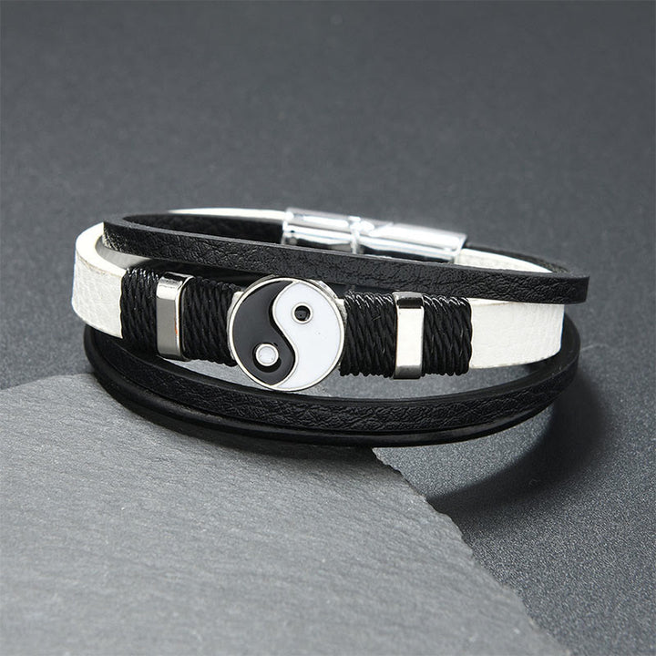 Buddha Stones Pulsera de equilibrio de cuero multicapa YIN YANG en blanco y negro - Piel blanca (circunferencia de la muñeca: 18-19 cm) - image 2