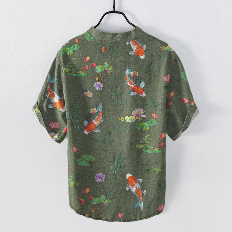 Buddha Stones Camisa de manga corta con medio botón para hombre, de algodón, con estampado de peces koi y loto. - image 7