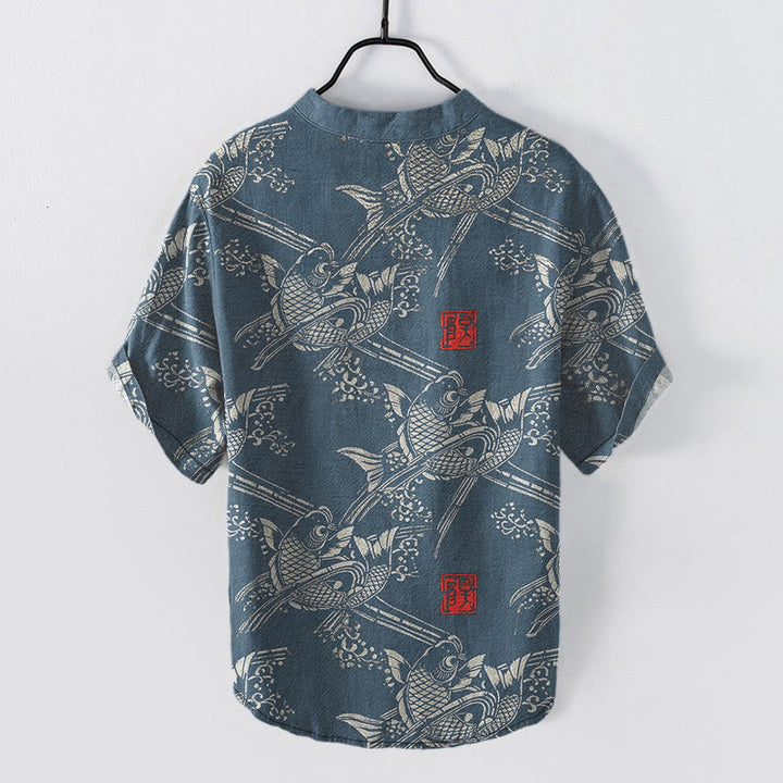 Buddha Stones Camisa de manga corta con medio botón para hombre, de algodón, con estampado de peces koi y bambú. - image 7