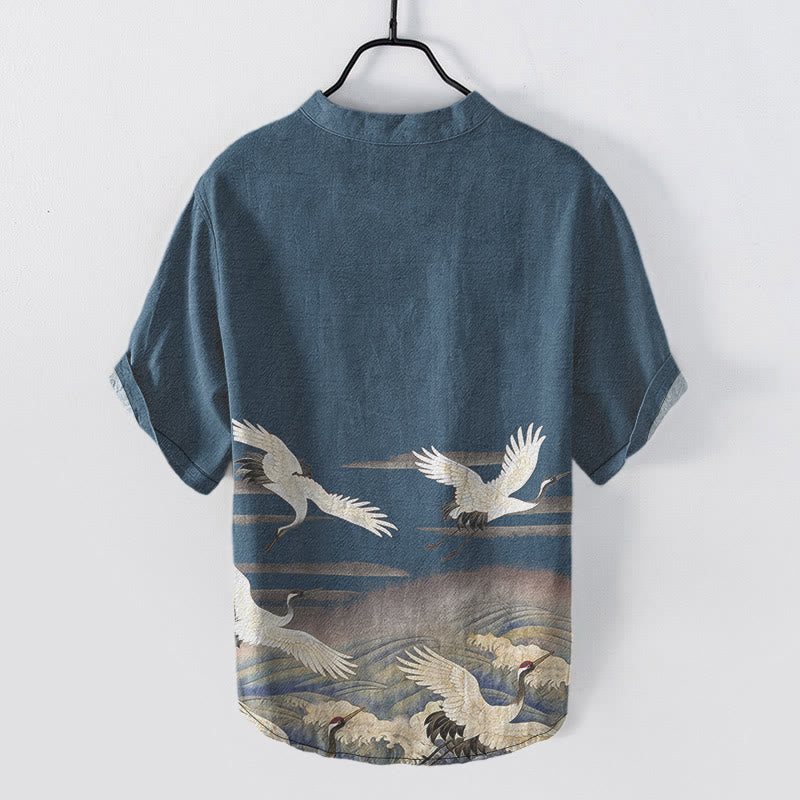 Buddha Stones Camisa de manga corta con medio botón para hombre, de algodón, con estampado de grullas y olas. - image 5