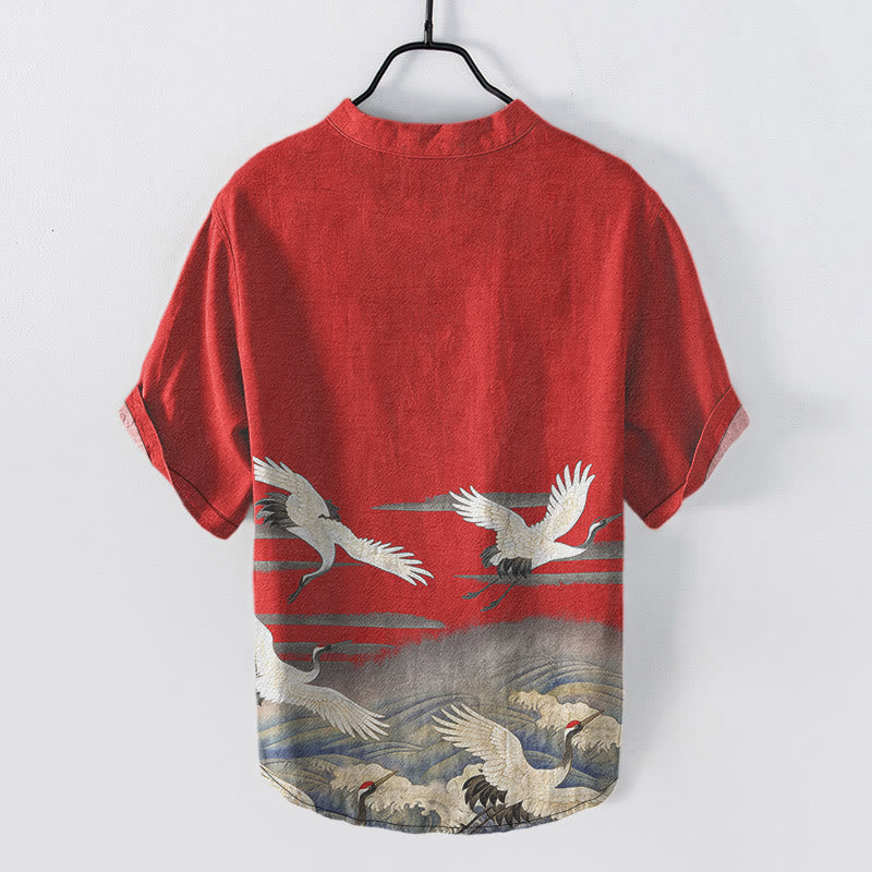 Buddha Stones Camisa de manga corta con medio botón para hombre, de algodón, con estampado de grullas y olas. - image 7