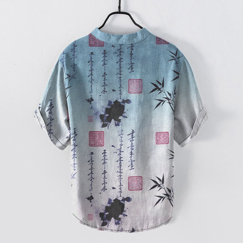 Buddha Stones Camisa de manga corta con medio botón para hombre, con estampado de caligrafía degradada en tinta de bambú y algodón. - image 5