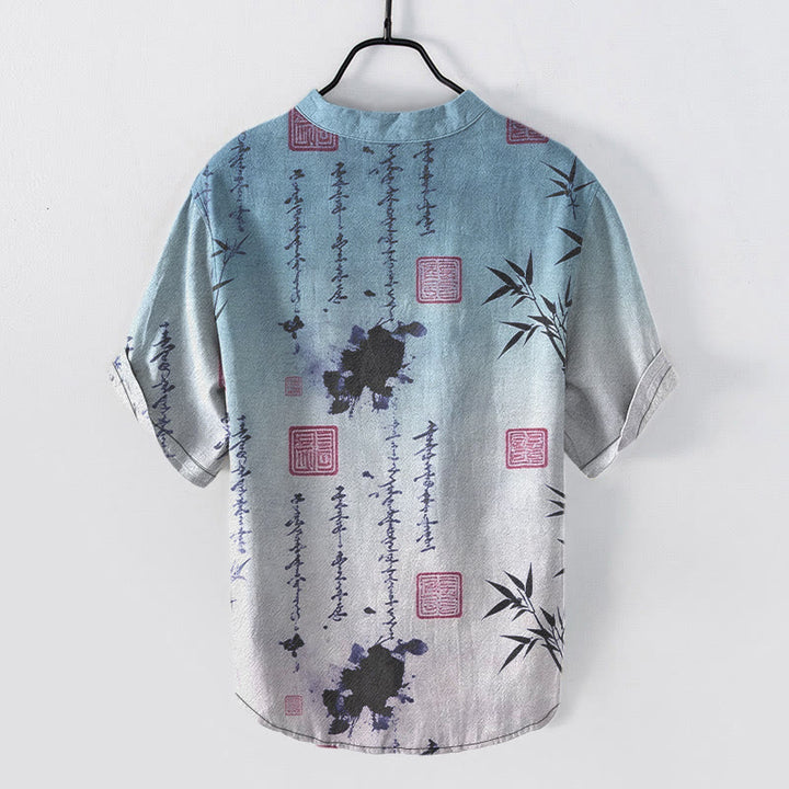 Buddha Stones Camisa de manga corta con medio botón para hombre, con estampado de caligrafía degradada en tinta de bambú y algodón. - image 5