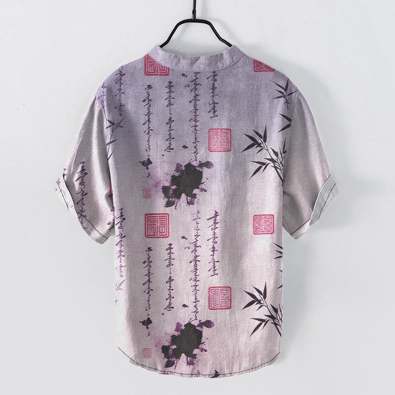 Buddha Stones Camisa de manga corta con medio botón para hombre, con estampado de caligrafía degradada en tinta de bambú y algodón. - image 7