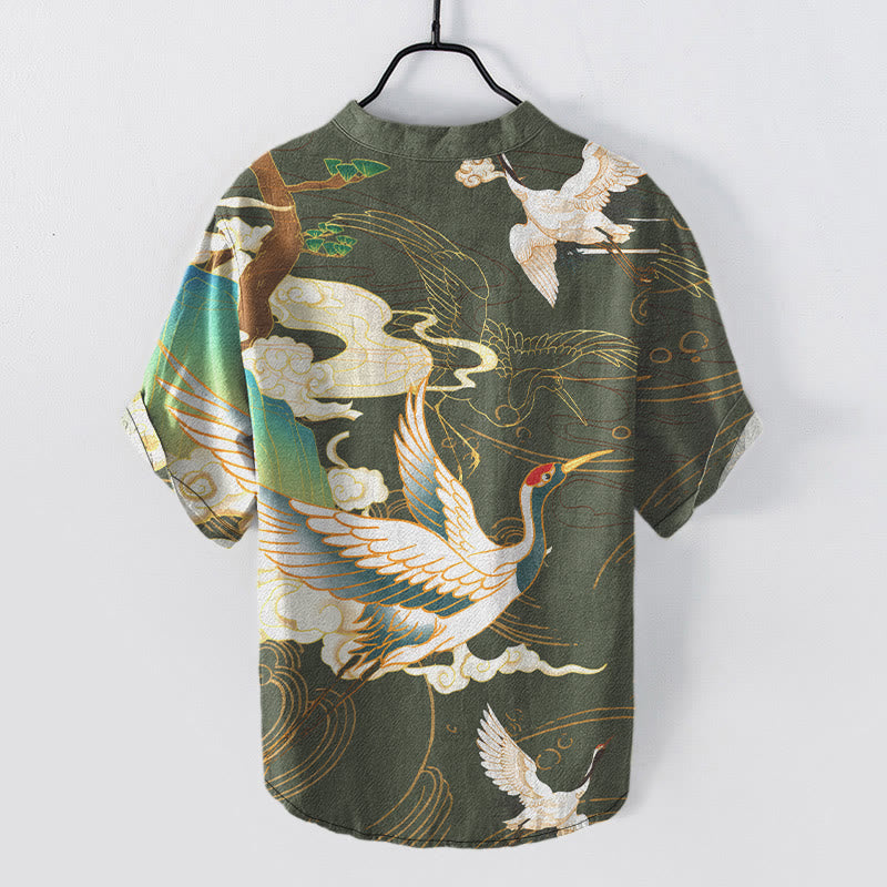 Buddha Stones Camisa de manga corta con medio botón para hombre con estampado de pinos y nubes auspiciosas de Cotton Crane. - image 7