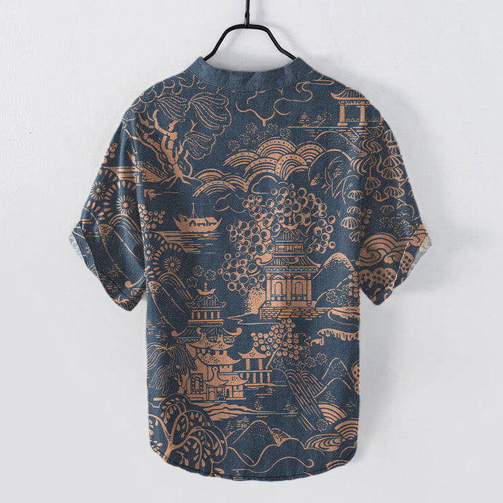 Buddha Stones Camisa de manga corta con medio botón para hombre, de algodón, con estampado de paisaje de torres naturales. - image 5