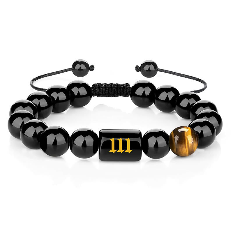 Buddha Stones Pulsera de fuerza y ​​plenitud con obsidiana negra natural y ojo de tigre, con número angelical - 111 (Circunferencia de la muñeca: 15-19 cm) - image 10