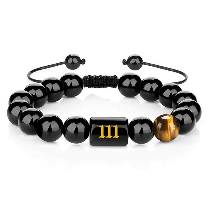 Buddha Stones Pulsera de fuerza y ​​plenitud con obsidiana negra natural y ojo de tigre, con número angelical - 111 (Circunferencia de la muñeca: 15-19 cm) - image 10