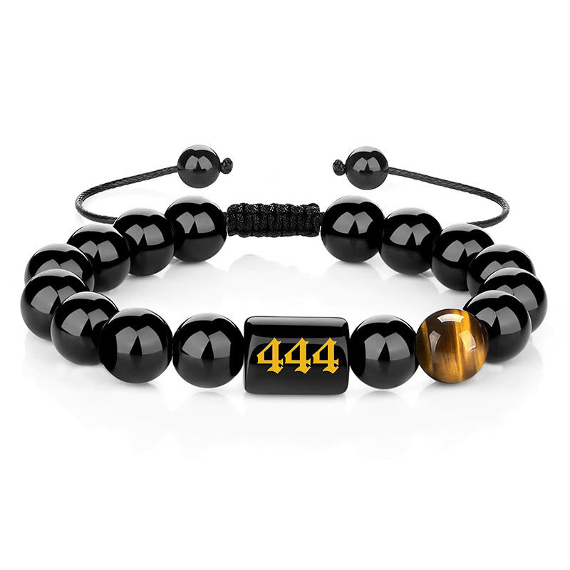 Buddha Stones Pulsera de fuerza y ​​plenitud con obsidiana negra natural y ojo de tigre, con número angelical - 444 (Circunferencia de la muñeca 15-19 cm) - image 18