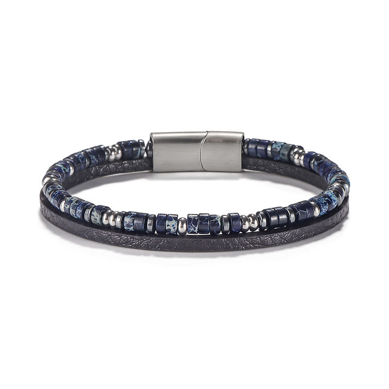 Buddha Stones Pulsera de cuero con cuentas de lapislázuli y ojo de tigre. - Lapislázuli (circunferencia de la muñeca: 18-19 cm) - Cuentas Rondelle Cuentas espaciadoras redondas - image 3