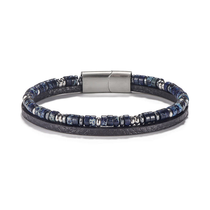 Buddha Stones Pulsera de cuero con cuentas de lapislázuli y ojo de tigre. - Lapislázuli (circunferencia de la muñeca: 18-19 cm) - Cuentas Rondelle Cuentas espaciadoras redondas - image 3