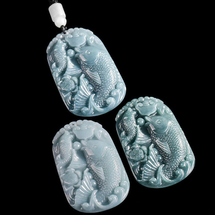 Buddha Stones Colgante de cuerda con forma de doble pez koi tallado en jade natural, símbolo de prosperidad. - image 9