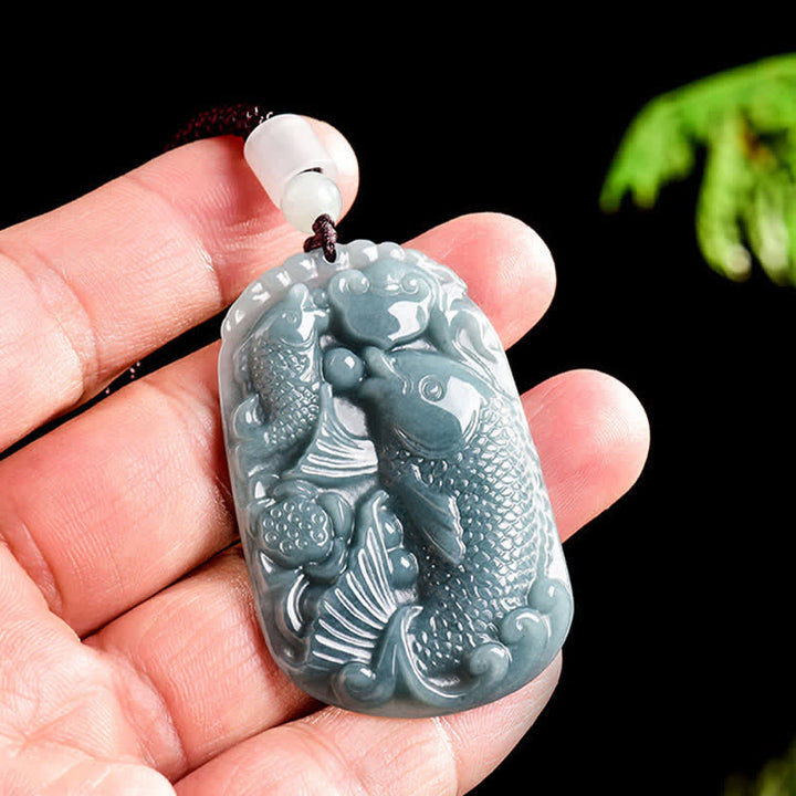 Buddha Stones Colgante de cuerda con forma de doble pez koi tallado en jade natural, símbolo de prosperidad. - image 4