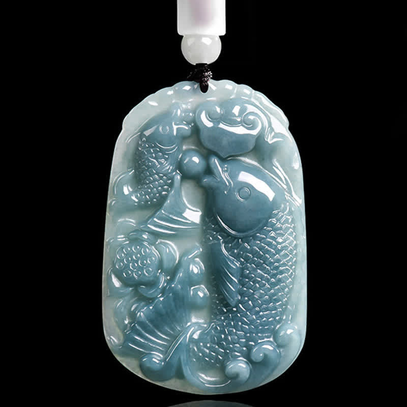 Buddha Stones Colgante de cuerda con forma de doble pez koi tallado en jade natural, símbolo de prosperidad. - image 1