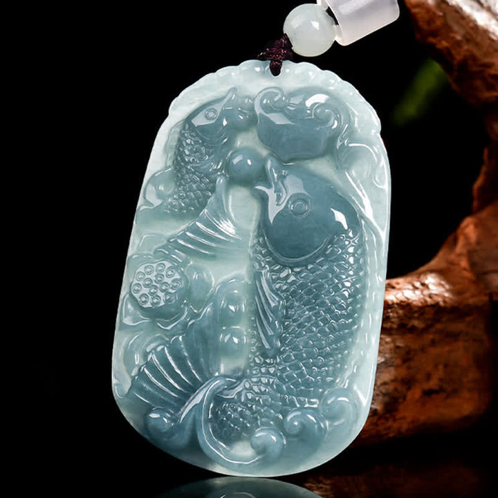 Buddha Stones Colgante de cuerda con forma de doble pez koi tallado en jade natural, símbolo de prosperidad. - image 2