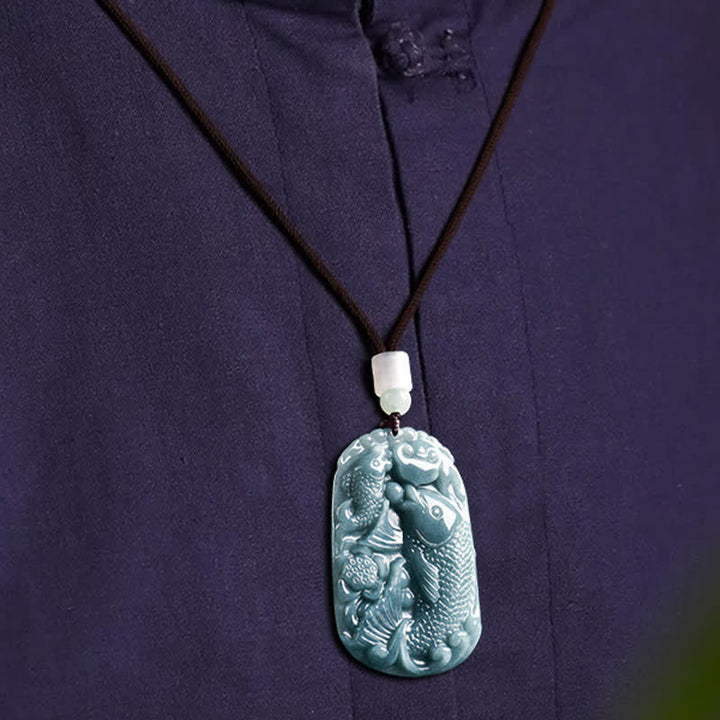 Buddha Stones Colgante de cuerda con forma de doble pez koi tallado en jade natural, símbolo de prosperidad. - image 8