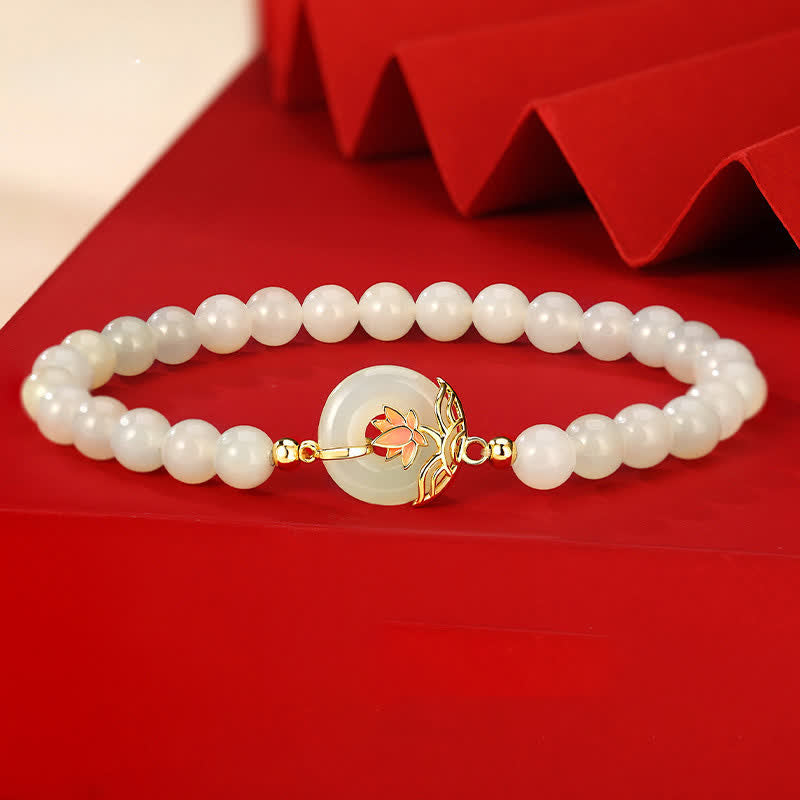 Buddha Stones Pulsera de plata de ley 925 con hebilla de jade blanco Hetian y símbolo de la paz. - Loto - Jade blanco Hetian (circunferencia de la muñeca: 15-16 cm) - image 0