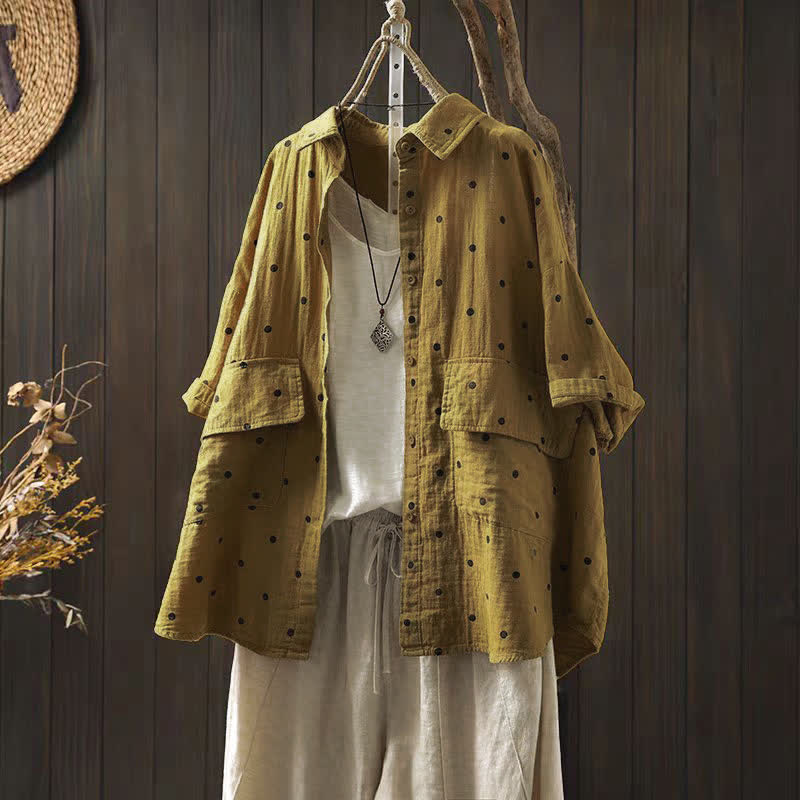 Buddha Stones Camisa de algodón de manga corta con estampado de lunares y solapa para mujer, con bolsillos. - vara de oro - US12, UK/AU16, EU44 (2XL) - image 10