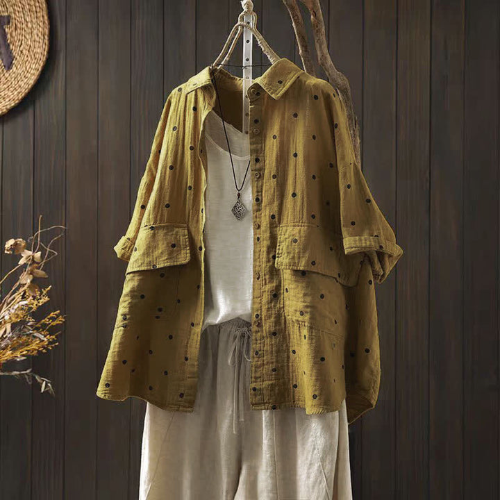 Buddha Stones Camisa de algodón de manga corta con estampado de lunares y solapa para mujer, con bolsillos. - vara de oro - US12, UK/AU16, EU44 (2XL) - image 10