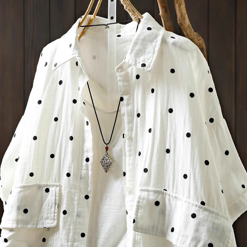 Buddha Stones Camisa de algodón de manga corta con estampado de lunares y solapa para mujer, con bolsillos. - image 4