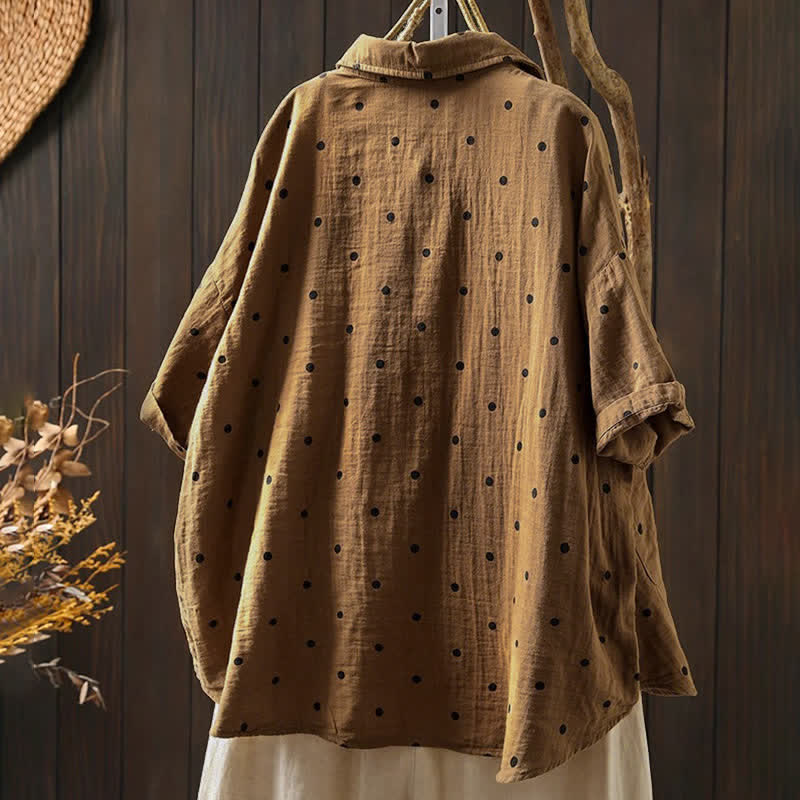 Buddha Stones Camisa de algodón de manga corta con estampado de lunares y solapa para mujer, con bolsillos. - image 15